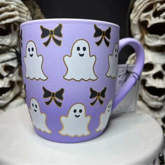 Cobwebs & Cauldrons Halloween Purple Ombre White Ghost Black Bow Coffee Mugs - Picture 5 of 12